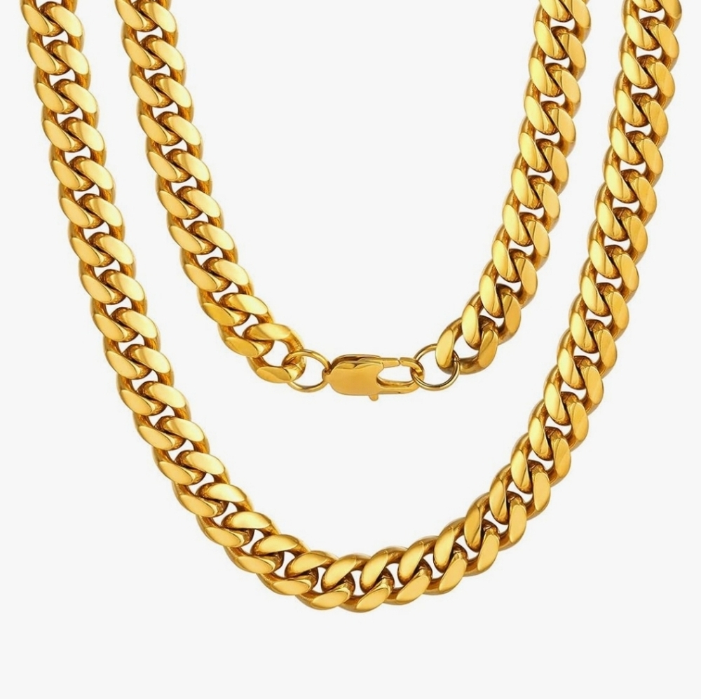 6mm Cuban Curb Link Chain Necklaces for Women & Men 24k Gold Plated 18"